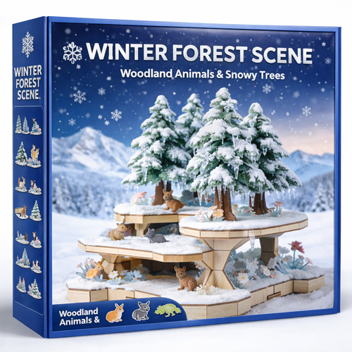 ❄️🌲 Winter Forest Scene Wooden Building Set – Create Your Own Snowy Woodland with Snowy Trees & Woodland Creatures